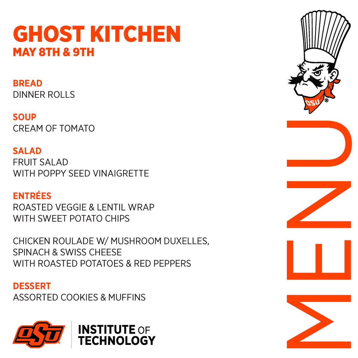 The Ghost Kitchen is back in action this week at OSUIT!

Join us for a convenient grab-and-go lunch starting at 11am on Wednesday, May 8, and Thursday, May 9. We'll be serving up delicious meals in the Culinary Arts State Room. Drop by—no reservations needed! #OSUIT #CulinaryArts