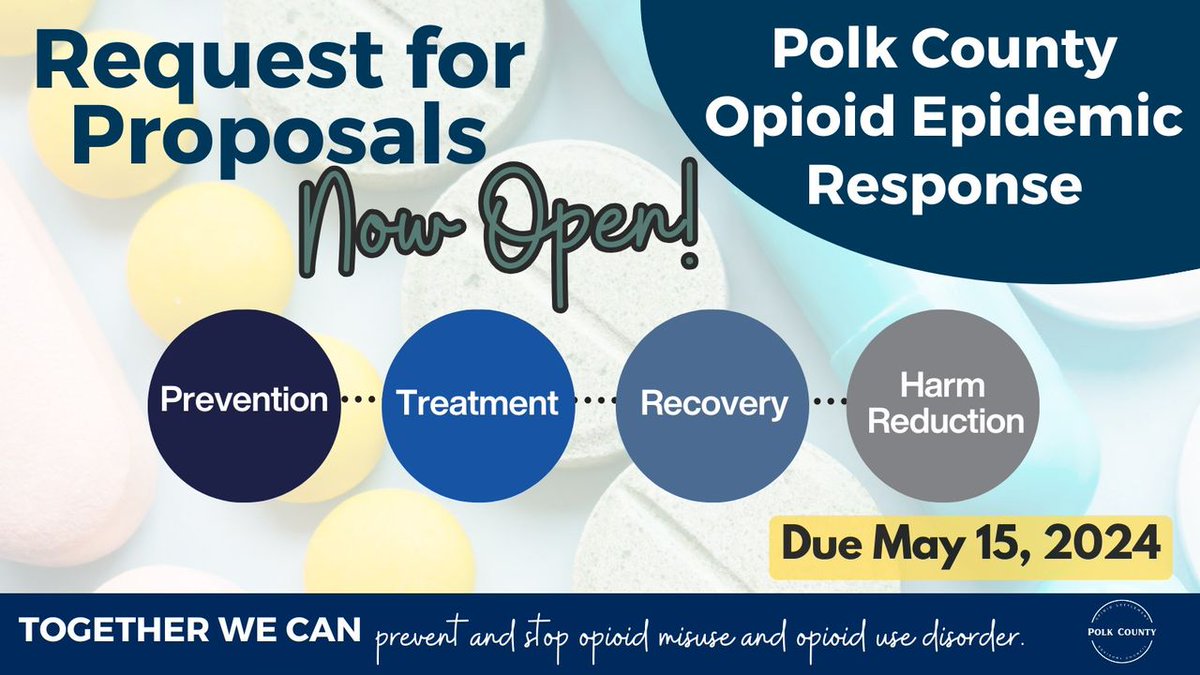 Polk County, in partnership with the Opioid Settlement Advisory Council, has released a Request for Proposals (RFP) to support opioid epidemic response strategies. Proposals are due on May 15, 2024 at 4:00 p.m. Learn more: bit.ly/4ciSppL
