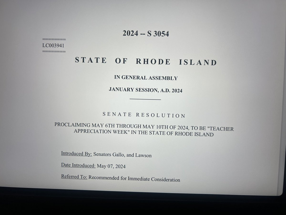 Today @RISenate we passed a resolution sponsored by @hannagallo27 proclaiming May 6th - 10th #TeacherAppreciationWeek2024 - thank you to all our teachers for your commitment and devotion in educating our children! 👏🏼