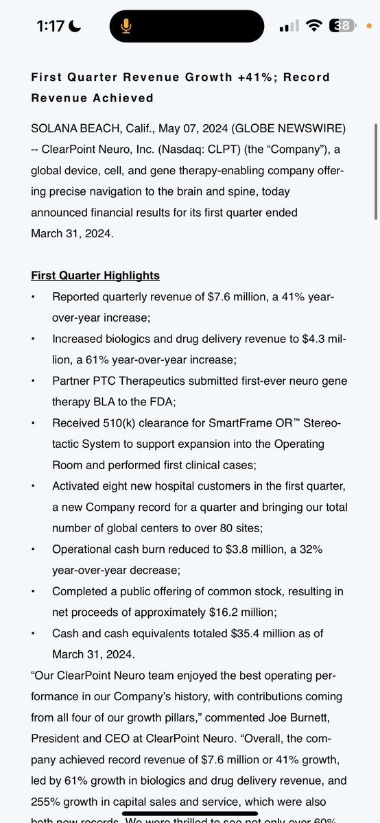 $CLPT good Q
•+41% rev growth 
•~$135M EV & $30M rev run rate (likely higher)
•Improving business: new customers + current partners progressing
•Cash burn reduced, plenty of cash on hand. Need them to get close to break even in 2y