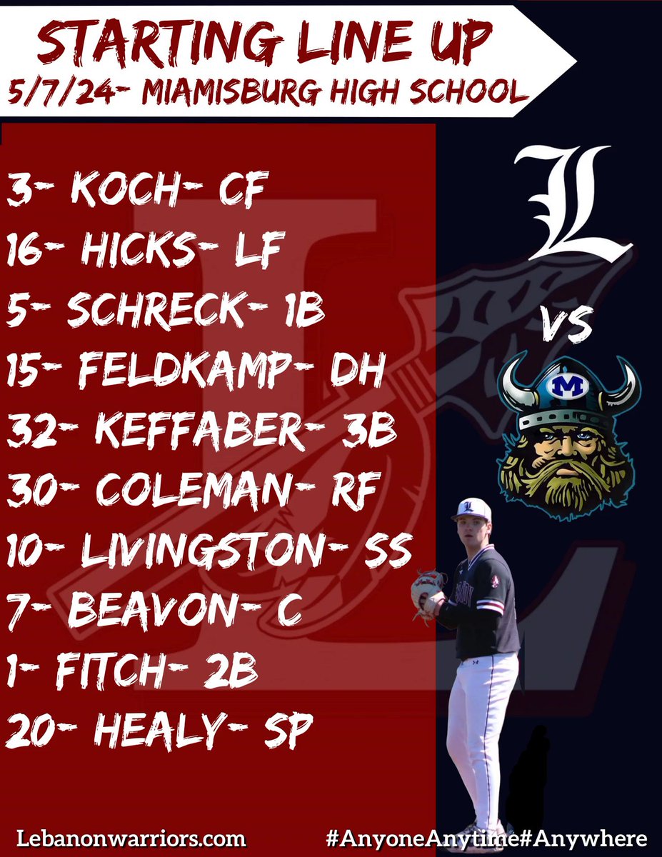 LebanonHSBaseball (@lebanonhsbase23) on Twitter photo Warriors battle GWOC foe <a href="/BaseballBurg/">Miamisburg Baseball</a> tonight in non-league action. First pitch is 5pm. Warriors battle GWOC foe <a href="/BaseballBurg/">Miamisburg Baseball</a> tonight in non-league action. First pitch is 5pm.