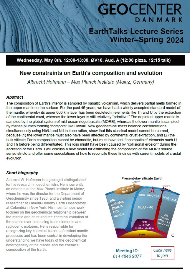 Come join us again for tomorrow's #EarthTalk at 12:15 (GMT + 1) on zoom (meeting ID: 61448469877)or in person to hear Albrecht Hofmann talk about new constraints on Earth's composition and evolution!