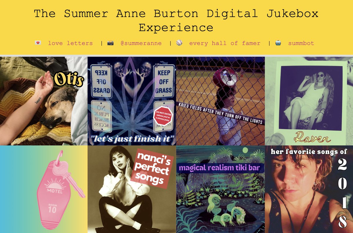 I made a website to house my spotify playlists jukebox style. No one asked for this, but I sure delivered! —The Summer Anne Burton story. Shuffle on refresh. I'll be adding a few dozen more from the archive in coming months. jukebox.summeranneburton.com