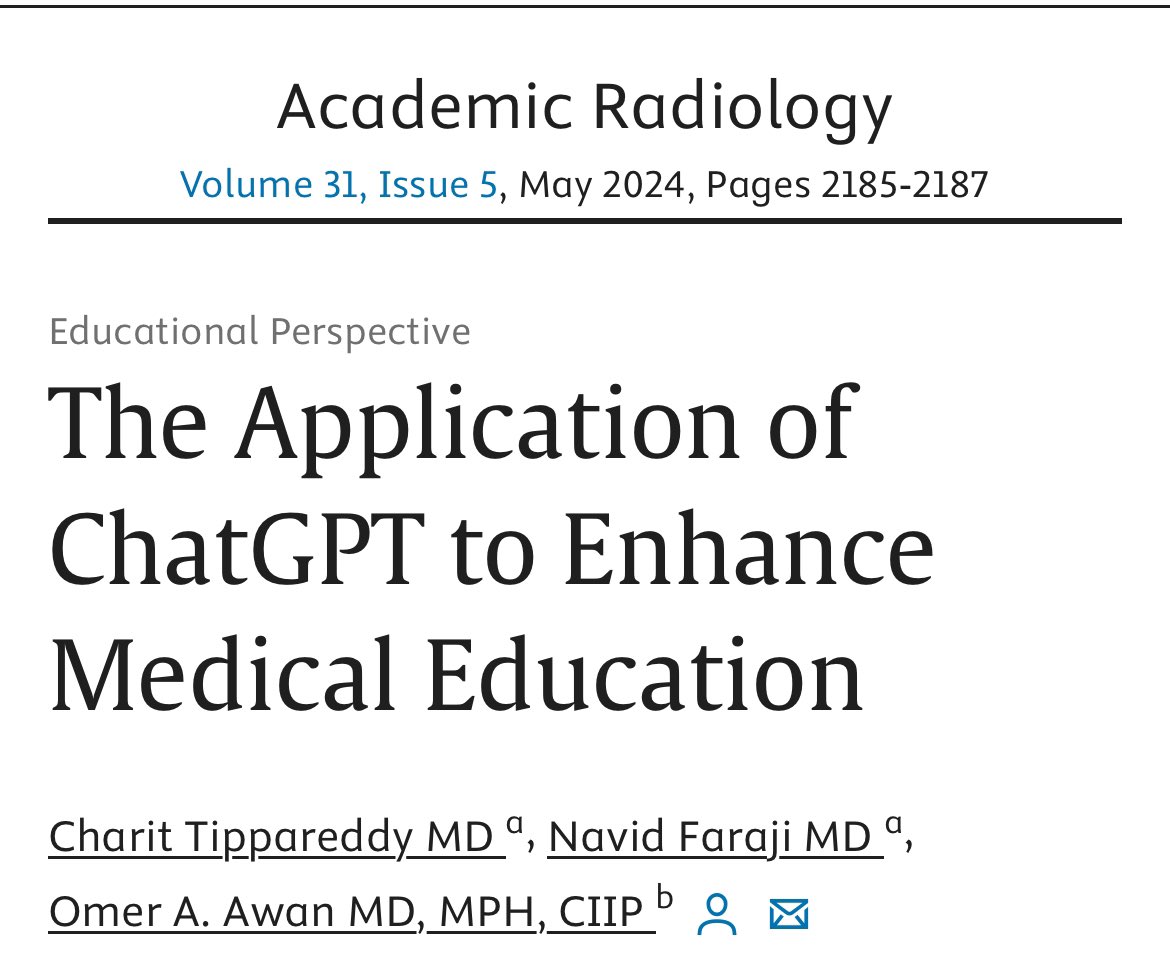 Pleased to share this collaboration with first author and our informatics pathway resident Charit Tippateddy and senior author/mentor <a href="/AwanRad/">Omer Awan MD MPH</a> ! Check it out to see how <a href="/ChatGPTapp/">ChatGPT</a> can contribute to radiology #MedEd 

sciencedirect.com/science/articl…