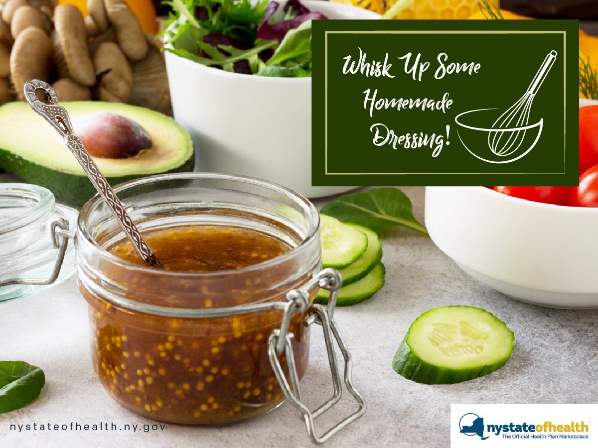 Tired of the same old, store-bought dressing? Spice up your salads with a healthy, homemade dressing! Simply whisk together apple cider vinegar, dijon mustard, olive oil, salt and pepper for a delicious dressing without the extra sodium or preservatives. #HealthTipTuesday