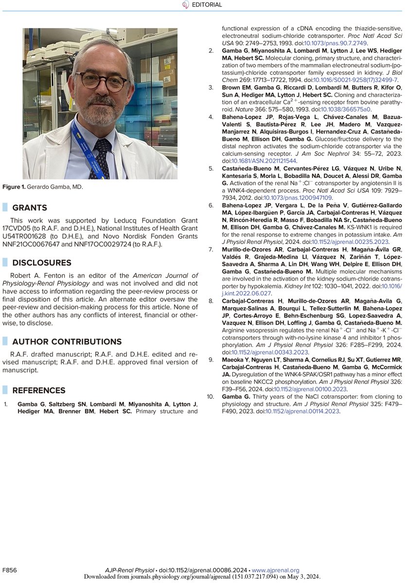 El INCMNSZ felicita al Dr. Gerardo Gamba Ayala Investigador del Departamento de Nefrología, por ser destinatario de la Cátedra Carl Gottschalk de la Sociedad Americana de Fisiología. Compartimos la editorial publicada en la revista American Journal of Physiology. <a href="/gerardo_gamba/">Gerardo Gamba</a>