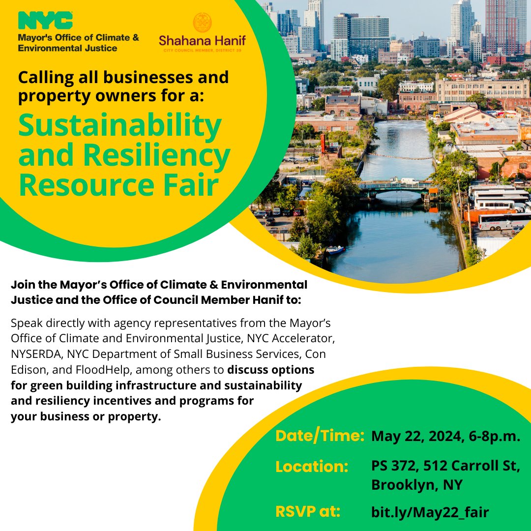 Interested in green building infrastructure and sustainability and resiliency incentives and programs for your business or property? Join MOCEJ, @NYC_SBS, @NYSERDA, @ConEdison on Wed., May 22 for the Sustainability and Resiliency Resource Fair. Register: docs.google.com/forms/d/e/1FAI…