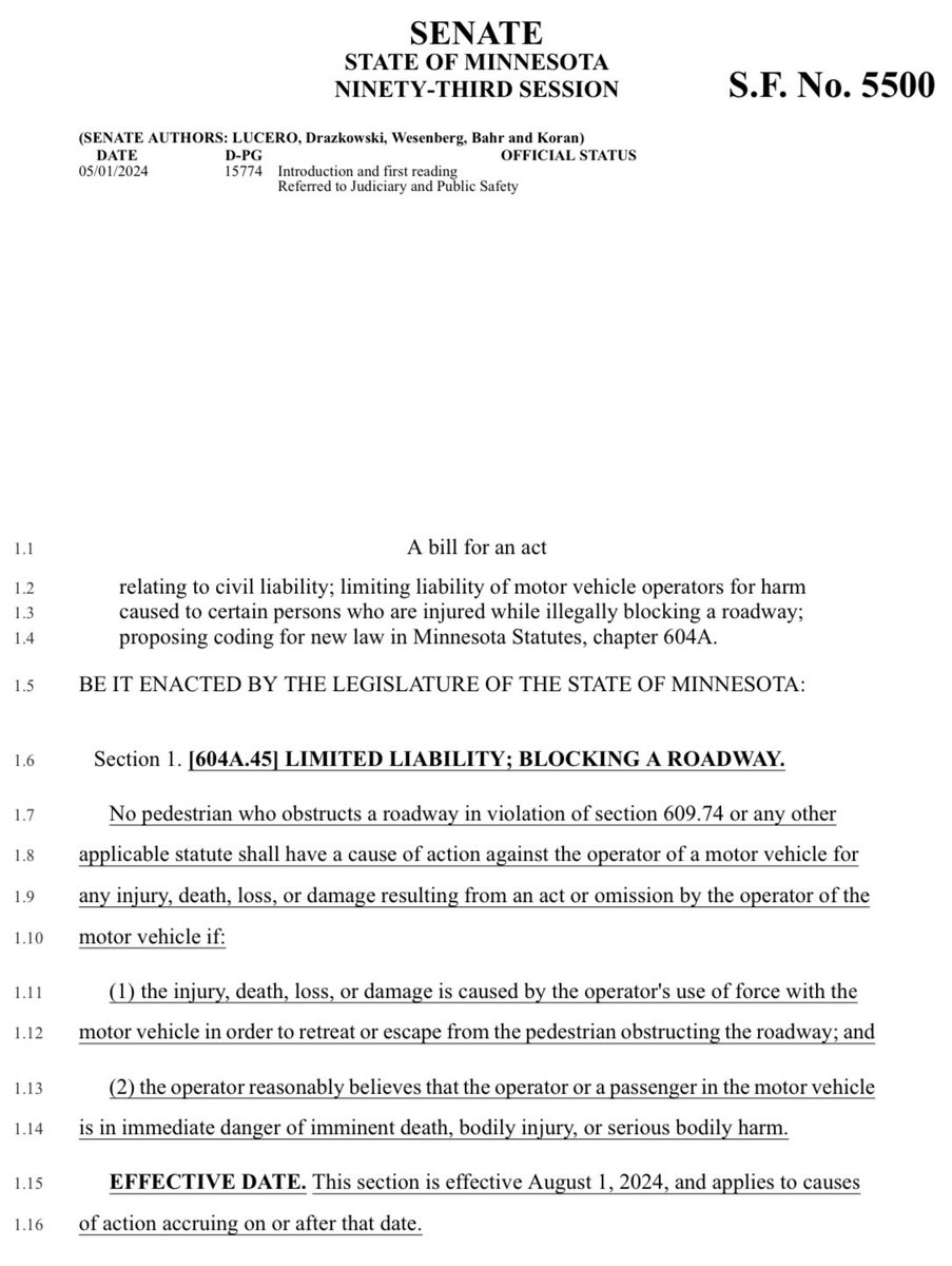 !!!WTF LOOK AT THIS!!!  Sick fucks in the @mngop are introducing a bill that legally allows drivers, when encountering protestors, to kill them with their vehicles and face ZERO repercussions! Seriously @EricLuceroMN eat shit you fucking piece of trash. Next level “pro-lifers”