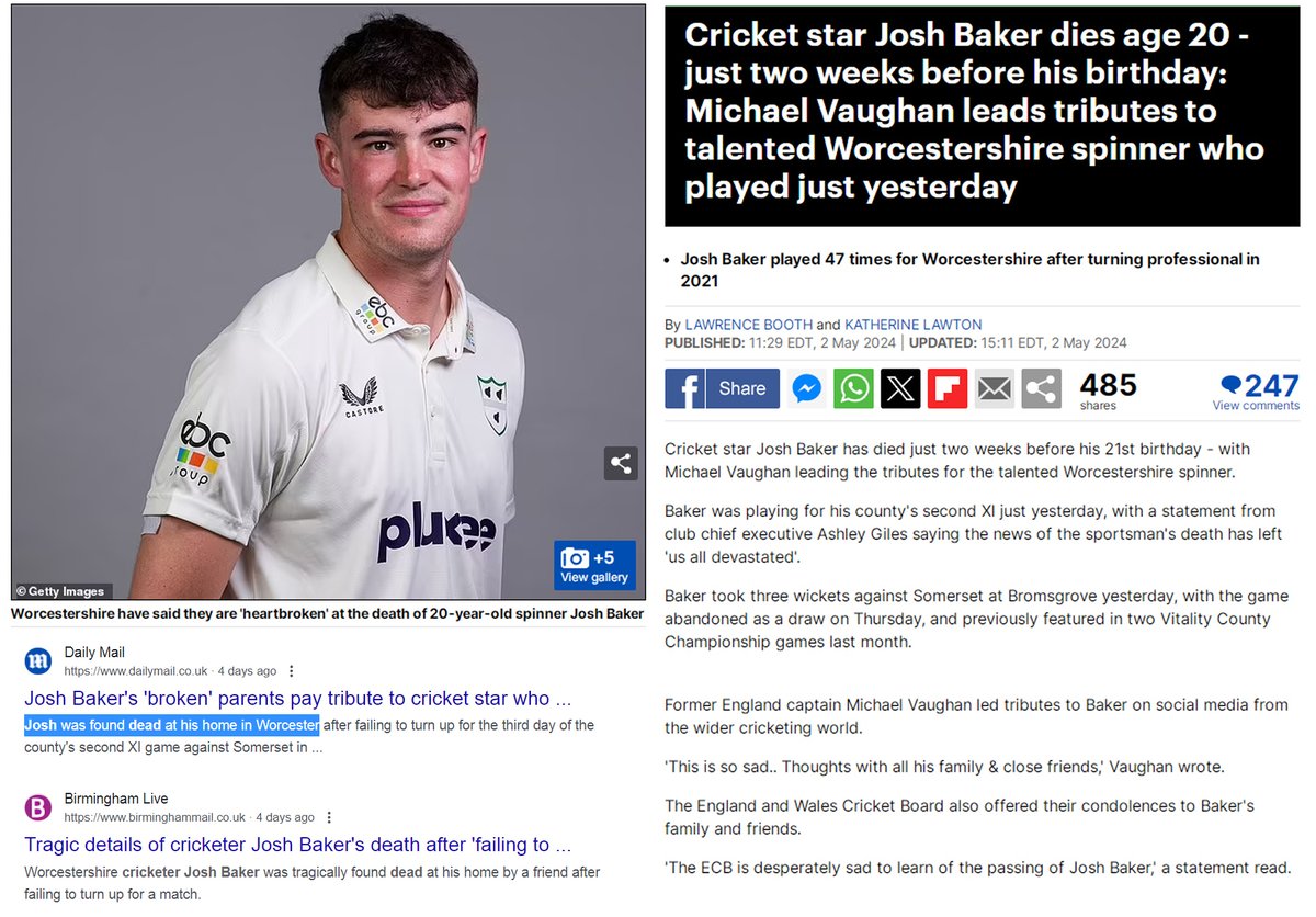 Worcestershire, UK - 20 year old Josh Baker, star Cricket player was found dead at home on May 2, 2024, after he failed to show up for a match.

COVID-19 mRNA Vaccine Sudden deaths are at an all time high

#DiedSuddenly