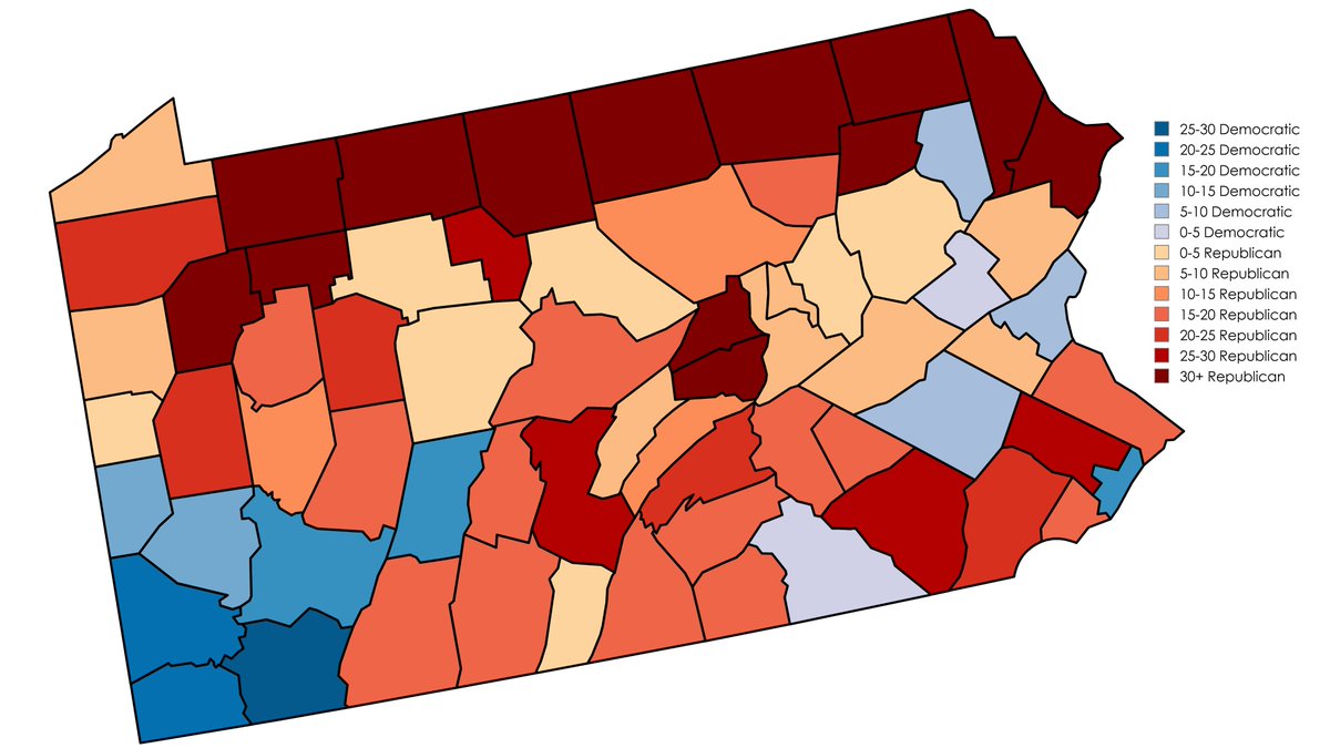 #ElectionTwitter Here's a map of the average margin by county in Pennsylvania from 1936-1956. During the New Deal era, the Democrats were strong in Philadelphia and in unionized southwest PA, while the GOP did well in the Philly collar counties and the Yankee north.