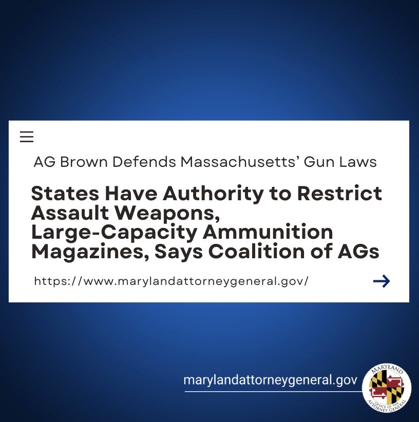 Defending Massachusetts' gun laws alongside 18 attorneys general: These laws, in place for decades, ban assault weapons and large-capacity magazines. By upholding these measures, we prioritize public safety and prevent senseless tragedies. I'll continue to focus on the safety of