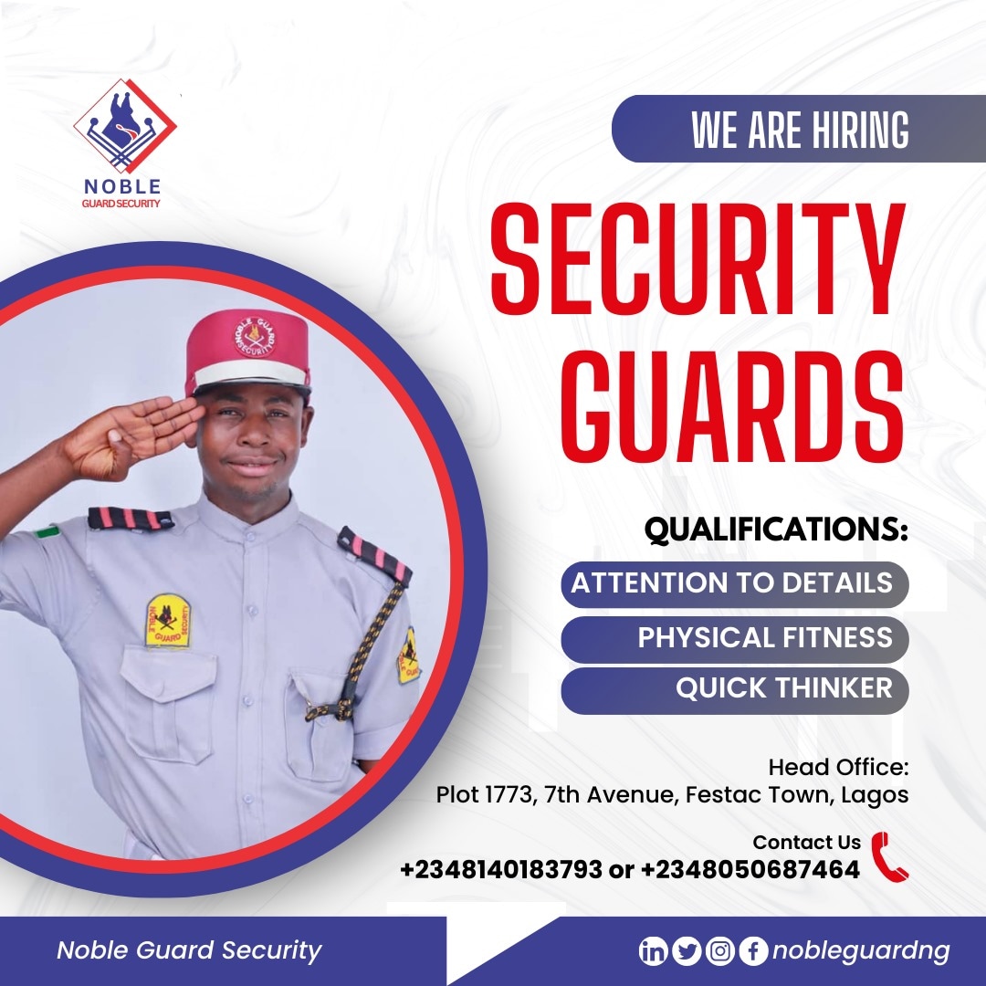 Join our team of gallant security operatives! 

Apply now by calling any of the numbers on the flyer or visit our head office.

Retweet this opportunity to your story for others to see.
#securityguard #securitycompany #hiringnow #jobvacancy #jobberman #nobleguardng
