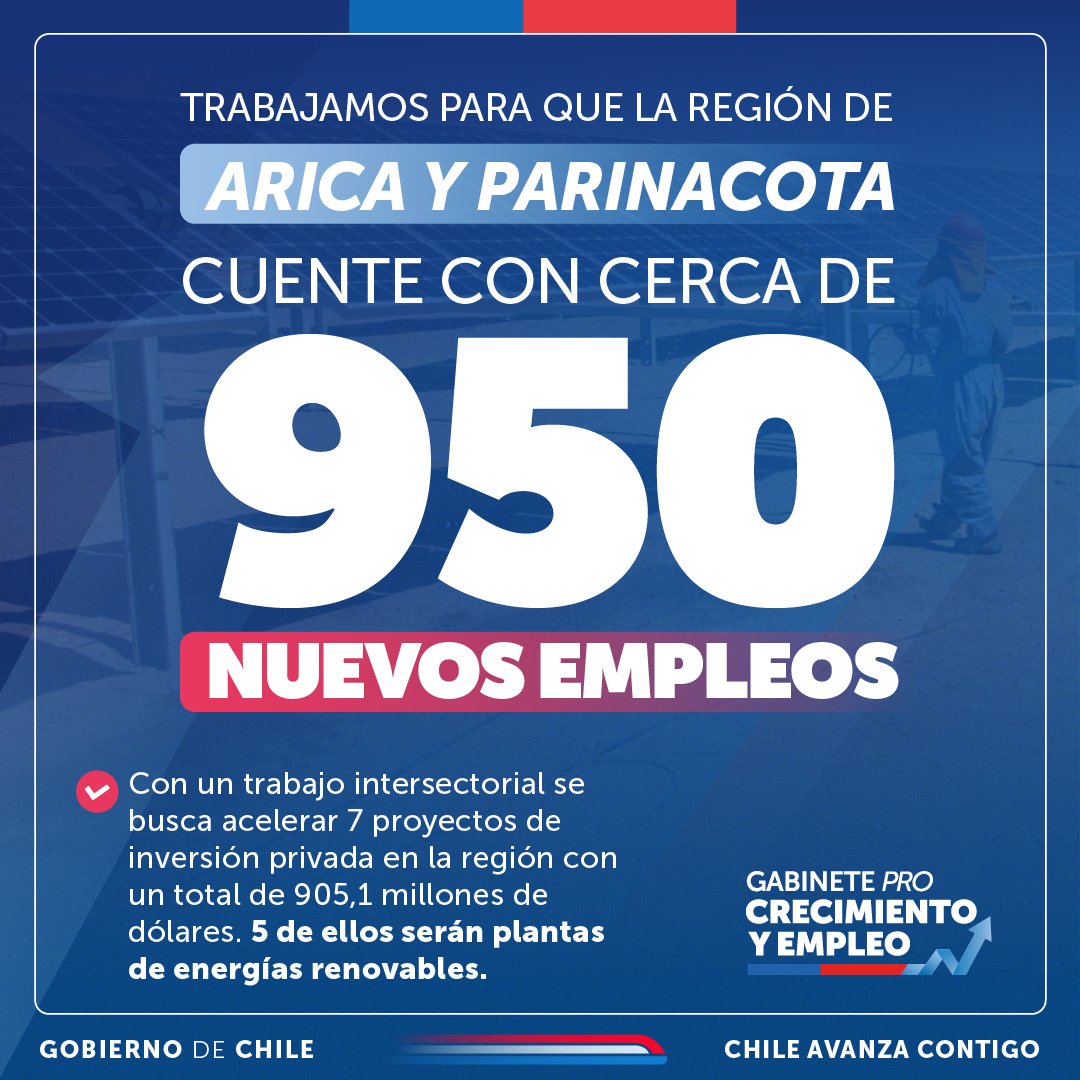 El Gabinete #ProCrecimientoyEmpleo continúa su trabajo por más inversión para nuestras regiones 🇨🇱 En la sesión de hoy, en la Región de Arica y Parinacota, buscamos acelerar colaboraciones público-privadas en energías renovables que promuevan la creación de más empleos.