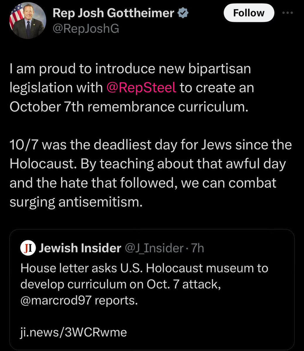 This is NUTS. The government is planning to mandate Oct 7th Israel propaganda for our kids. 

How much is <a href="/RepJoshG/">Rep Josh Gottheimer</a> being paid to push this nonsense?