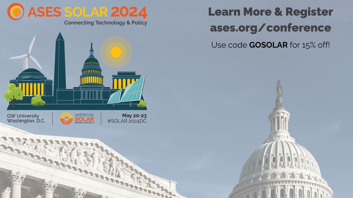 RE_volv's tweet photo. 📢Join us at American Solar Energy Society’s #SOLAR2024: Connecting Technology &amp; Policy in just two weeks! 

Attend in person or virtually May 20-23 for an excellent lineup of panels, workshops, and tours. 

Register here ➡️ https://t.co/9VNJsmCbiw https://t.co/PFhWAx985a