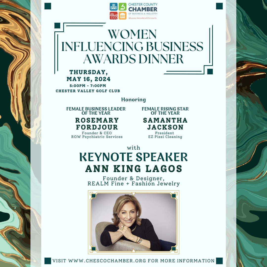 CCCBI's WIB Awards is almost here! Join us on 5/16 at @ChesterValleyGC to celebrate 🏆Rosemary Fordjour, Founder & CEO, @RowPsychService 🌟Samantha Jackson, President, EZ Pizzi Cleaning 📢Ann King Lagos, Founder and Designer of REALM Fine + Fashion Jewelry ow.ly/XA7a50RyUob