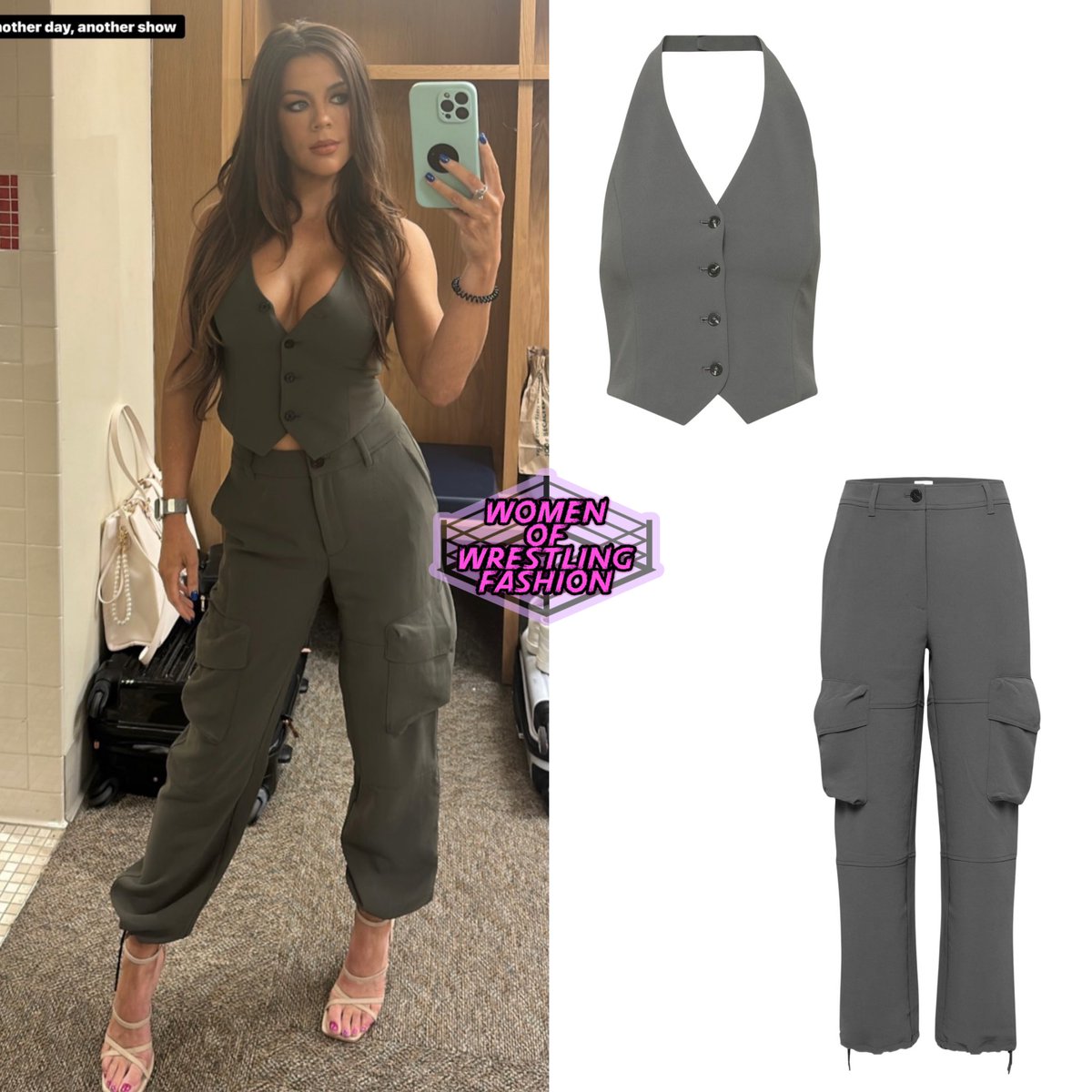 For #WWERaw, Jackie wore the Wilfred Vito Vest ($118) & Wilfred New Project Cargo Pant (n/a) in Cool Grey from Aritzia