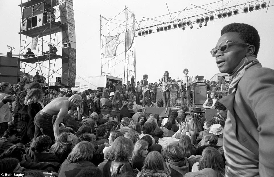 The Flying Burrito Brothers performing at the Altamont Speedway Free Festival. December, 1969.