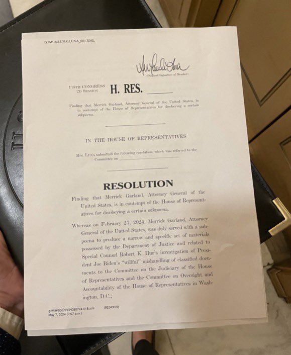 🚨BREAKING: FL Rep. @realannapaulina filed a resolution to hold AG Merrick Garland in inherent contempt of Congress for refusing to respond to 2 Congressional subpoenas “Inherent Contempt of Congress” is a rarely used Congressional power that’s different than the normal Contempt…