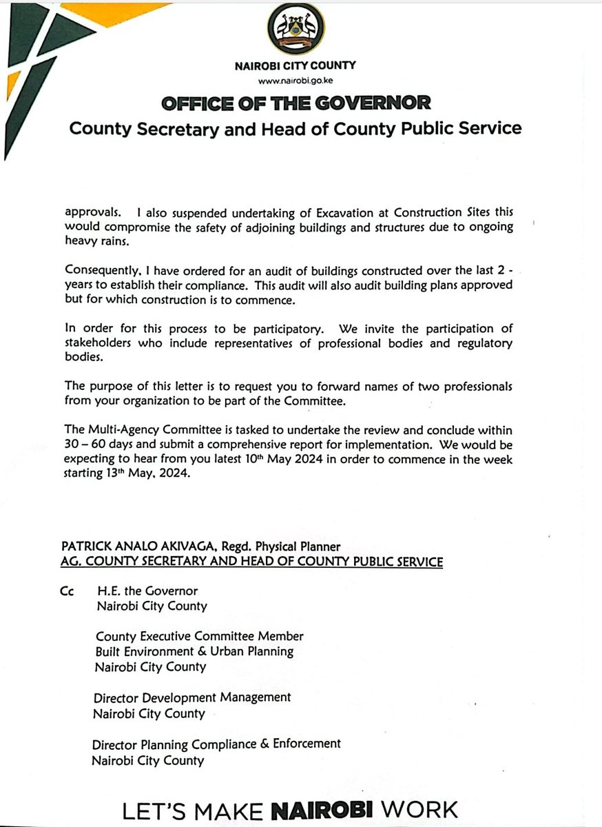 So: The Acting Nairobi City County Planner who is FULLY aware of the construction cartels and their illegal buildings is calling upon professional and regulatory bodies including @NemaKenya & @ncakenya that are FULLY aware of the anarchy in Nairobi to audit said cartels and…