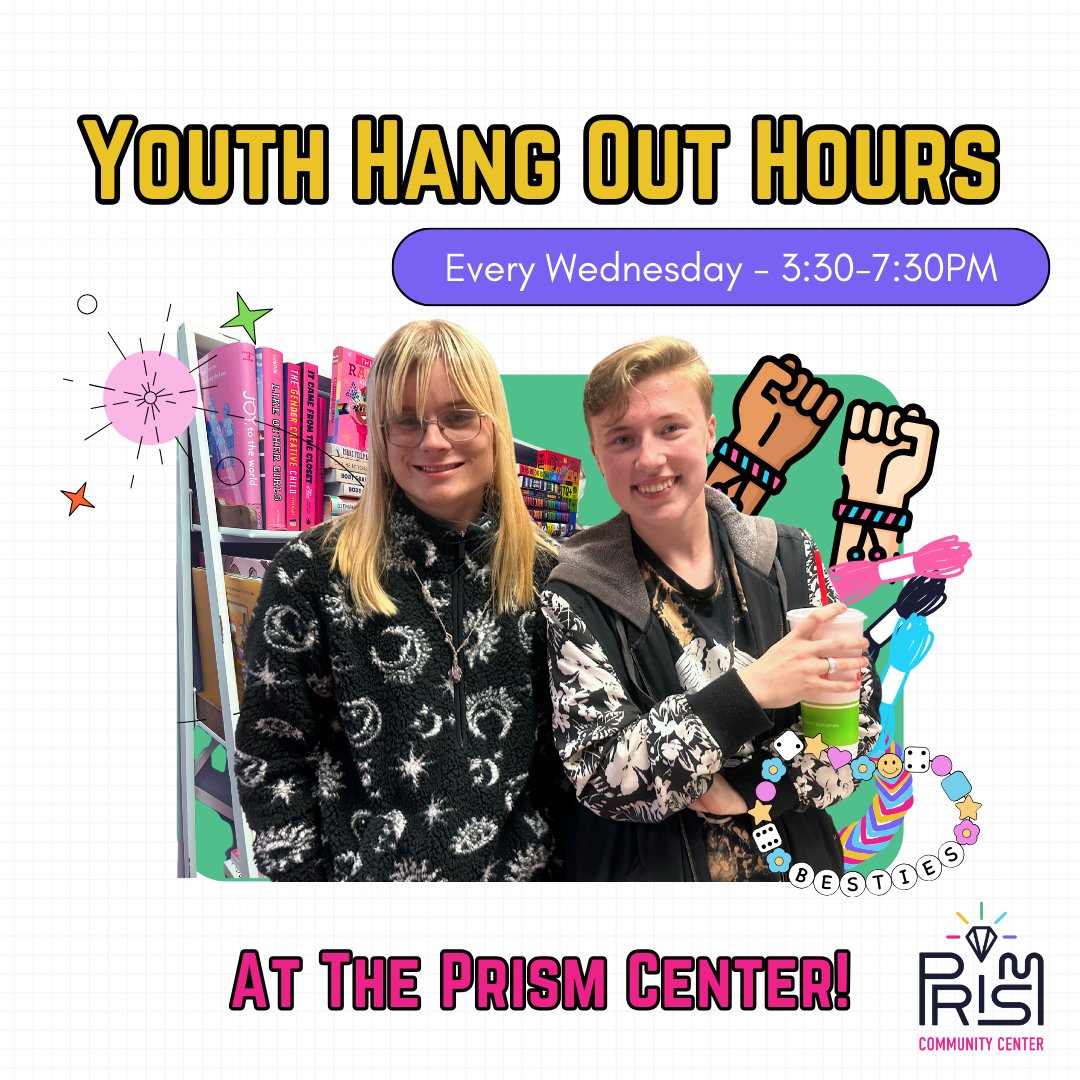 This week for Youth Drop-in Hours we will be jewelry making/friendship bracelet tutorial!🌈🌟 We have some supplies but feel free to bring your own too!

Make Wednesday the highlight of your week at the Prism Center🌈
.⁠
#PrismYouthDropIn #PrismCenter ⁠