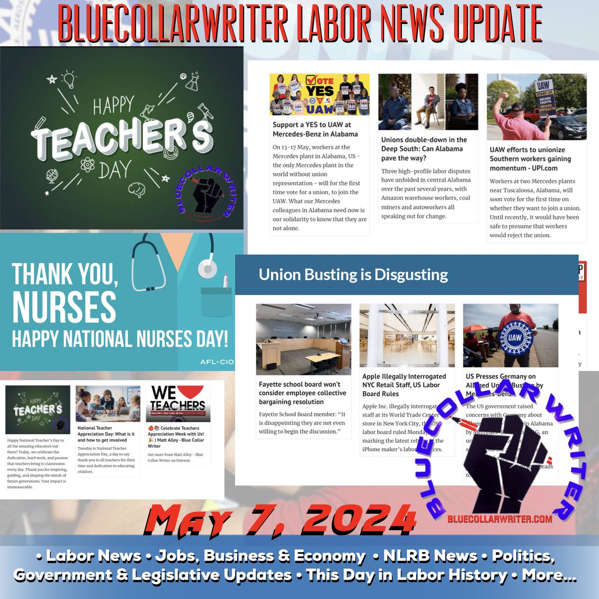 #BlueCollarWriter Labor News Update - 5/7/2024: 

bluecollarwriter.com/home/labor-new…

#1u #UnionStrong #UnionYes #ItsBetterInAUnion #LaborHistory #NLRB #Jobs #Economy 
#UnionBustingIsDisgusting 
#TeacherAppreciationWeek