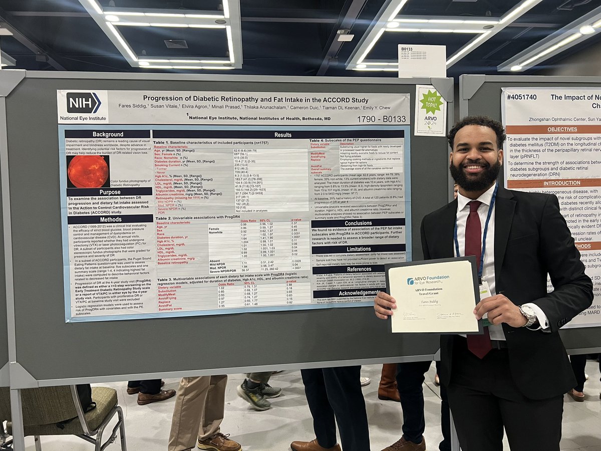 Blessed and honored to have received a travel grant award for my poster presentation on Progression of Diabetic Retinopathy and Fat intake at ARVO yesterday! @NatEyeInstitute @ARVOinfo