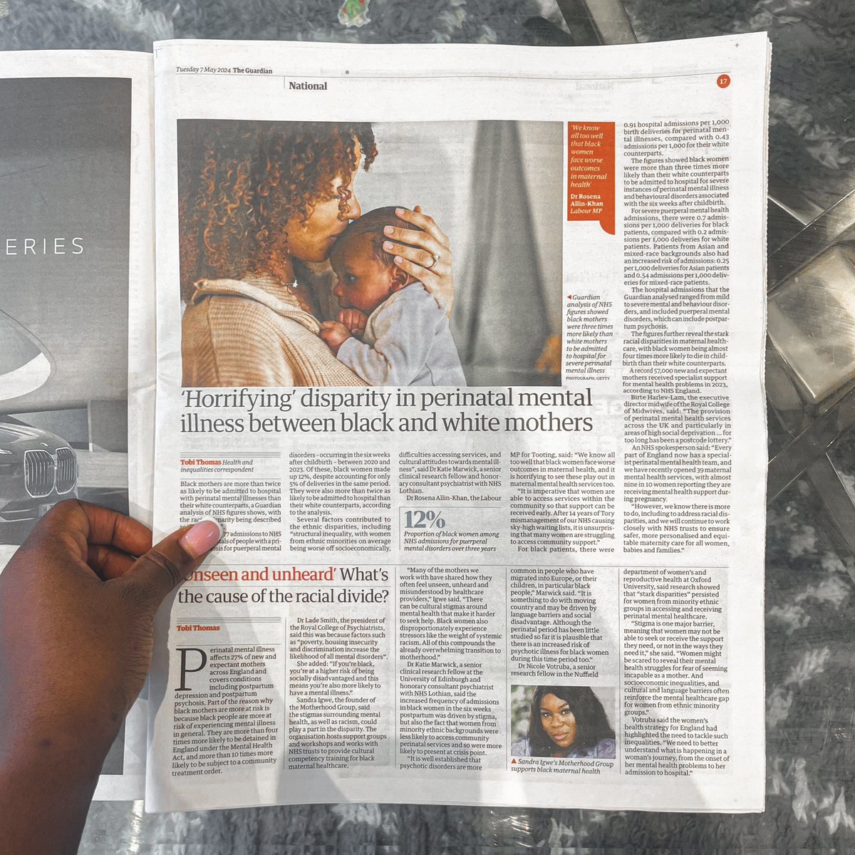 So glad I could share insights on today's Guardian article on the higher risks of perinatal mental illness for black mothers. Through @MotherhoodGroup , I've seen firsthand how many Black mothers feel unseen and misunderstood by healthcare providers. Cultural stigmas, systemic