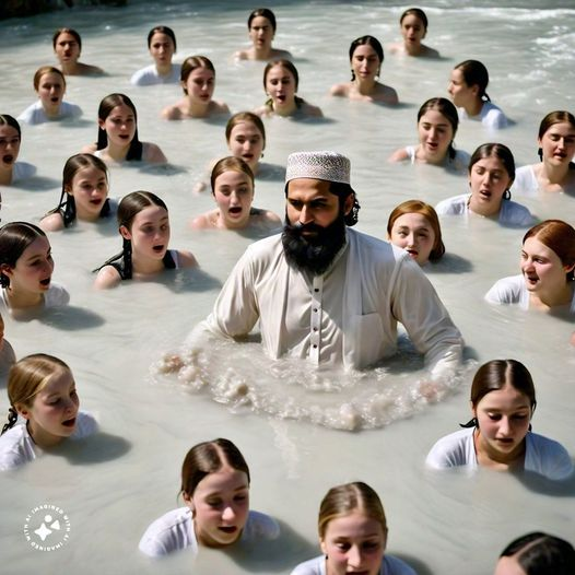 A scene from Muslim heaven, a mullah swimming in the river of milk with allotted virgins.