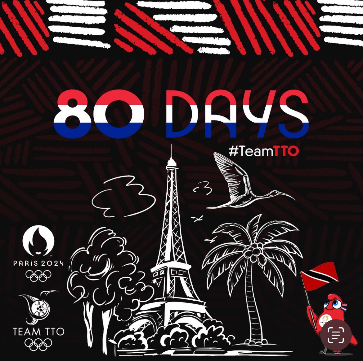 80 days to #Paris2024 Olympic Games! Our athletes are gearing up and giving it their best shot to represent our TTO 🇹🇹 on the world 🌎stage. Let’s stand with #TeamTTO as they prepare to make us proud! 👏🏽👏🏽👏🏽 #Olympics #TrinidadandTobago #Paris2024