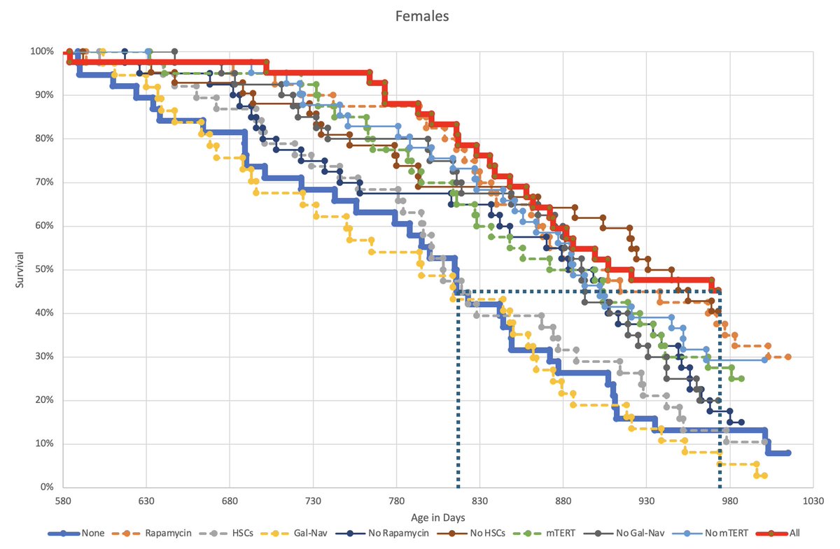 Here's RMR1 update #14!

The survival curves continue to provide tantalising but preliminary information. Particularly exciting is how long the all-control group took, measured from the start of the study, to reach the survival percentage that the all-treatment group is currently