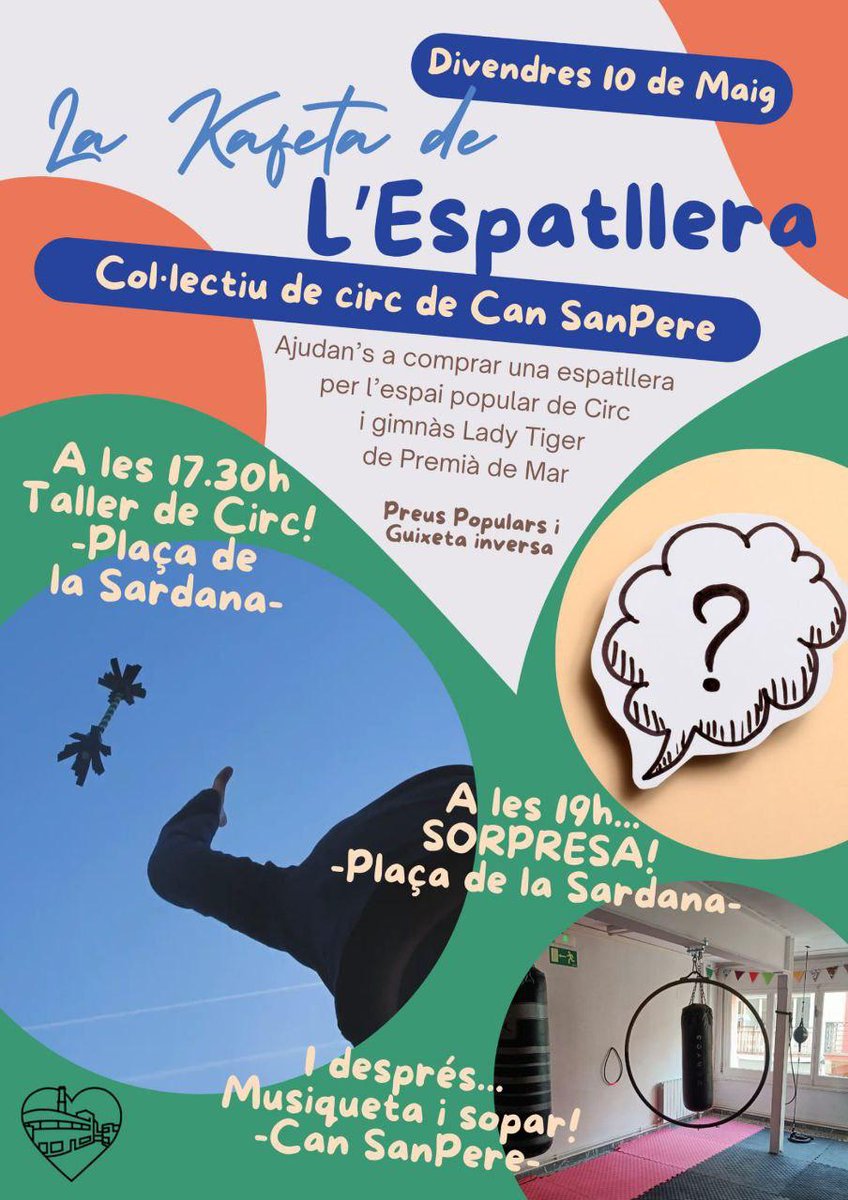 🙋🏽‍♀️Aquest divendres 10 de maig! 

✨fem créixer el col•lectiu de circ i l'autogestió del sanpe ! 

👉🏽A partir de les 17h hi ha activitats a la plaça, que conclouen amb una kafeta amb música i tapes (c/Miquel Moragas, 12). 

Trobem-nos! 💚

#CanSanpereÉsDelPoble