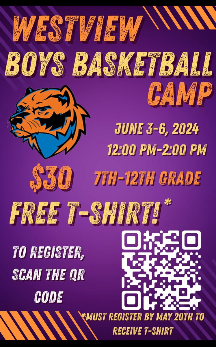 Get signed up today for the Westview Boys Basketball camp. Click the link below to reserve your spot!

🗓️ When: June 3-6
⏰ Time: 12:00-2:00 PM
📍 Where: Westview High School
🚨 Cost: $30- Includes Free T-shirt
Registration: bit.ly/WestviewBoysBa…
