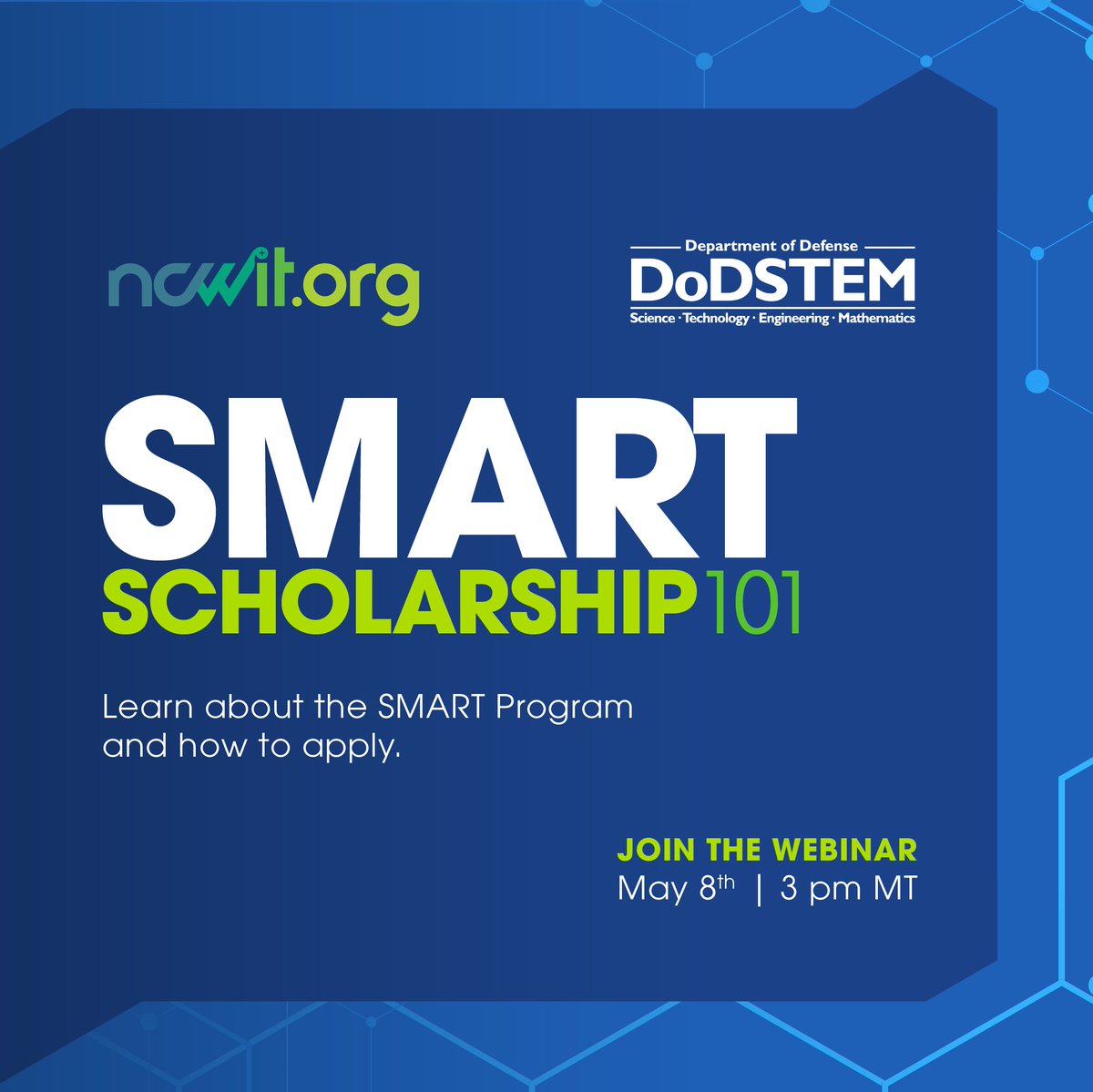 Tomorrow, join a comprehensive lesson on the benefits of the @DoDstem SMART Scholarship program! Register: bit.ly/SMARTscholarsh… Learn about opportunities for: 💸 Full tuition coverage and stipends 🔎 Conducting research 💼 Internships and jobs Info: ncwit.org/event/smart-sc…