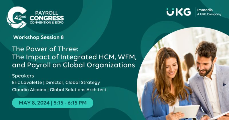 Explore 'The Power of Three' at Payroll Congress 2024 with Eric Lavalette and Claudio Alcaino discussing the Impact of Integrated HCM, WFM, and Payroll on Global Organizations for enhanced efficiency and success. Don't miss out! ukg.inc/3UuqlaT #GlobalPayroll