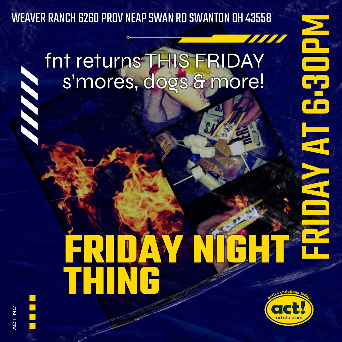 actatut's tweet image. Friday Night Thing returns 6:30 THIS FRIDAY at the Weaver Ranch... or Weaver lakes as it has been recently. Bring some mosquito repellent! Join us for s'mores, hot dogs, zip line, 9 square and more!