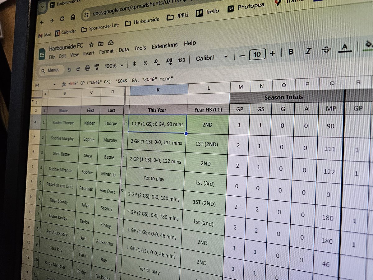 You know it's @harboursidefc broadcast season when I'm breaking out multiple VLOOKUPs in a cell to build a spotting board.

New this year is a better game logger to track key stats and have them update easily.
