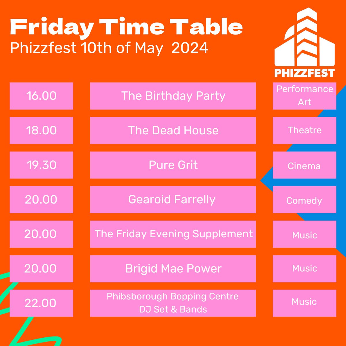 Friday the 10th of May timetable. Tickets are on sale, link in out bio 🎫 Graphic by @heyeve.ie