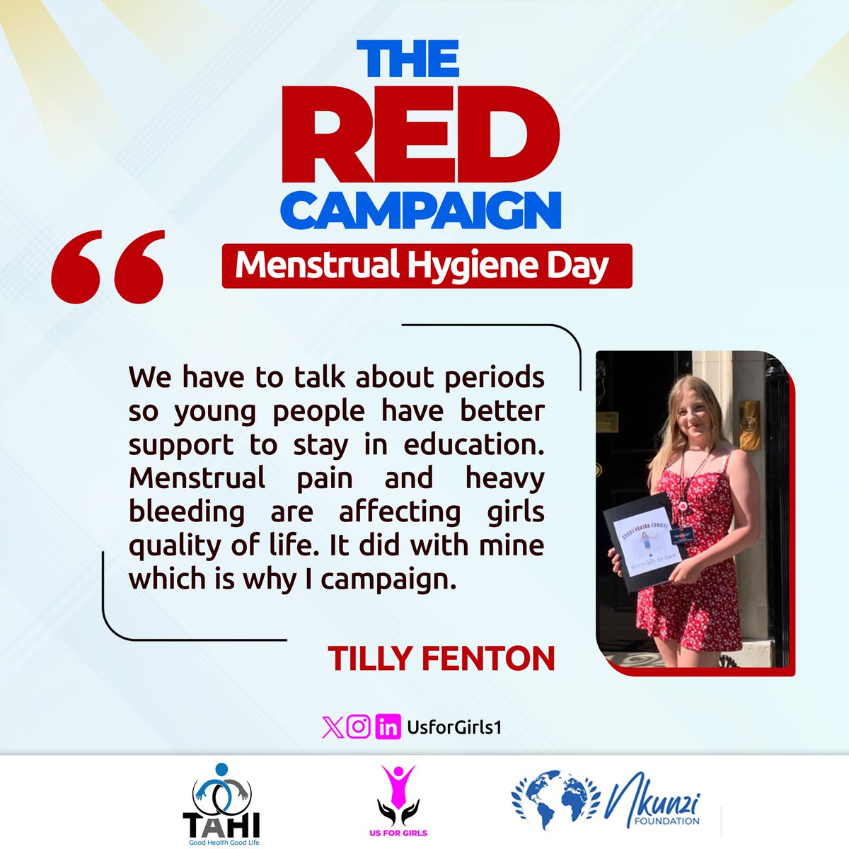 #RedCampaign

@tillyfenton reminds us that we need to normalise conversations around menstruation so that young people can have support to stay in school.
Girls face various period health challenges that affect their quality of life but together we can #EndPeriodPoverty