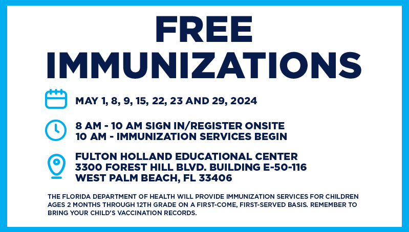 📌 TOMORROW! Free immunizations will be available at the School District Welcome Center on Wednesday, May 8, beginning at 8 a.m. Immunizations are available for children ages 2 months through 12th grade. For more information, visit: palmbeachschools.org/Immunizations