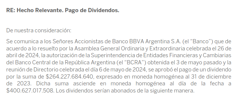 $BBAR
Fecha de pago de dividendos aprobados.
Para residentes locales, el Pago en Pesos se realizará en 3 cuotas, los días 14 de mayo, 11 de junio
y 11 de julio.