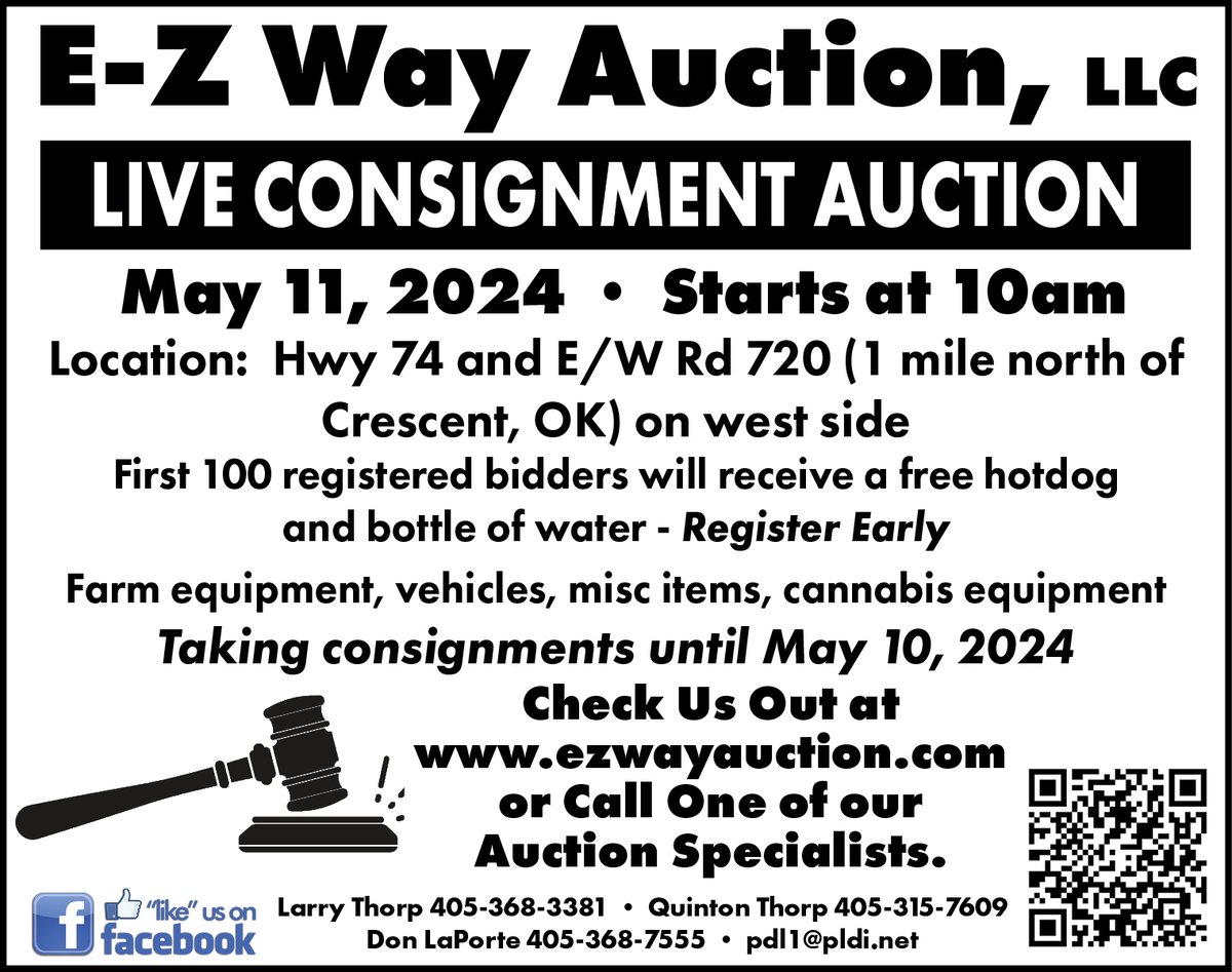 LIVE CONSIGNMENT AUCTION with E Z Way Auction LLC
ezwayauction.com
#auctiondirectory #auctioncalendar #printedinoklahoma #oklahomaowned #serviceprofessionals #TheRightChoice #classifiedswork #deals #shopperswork #liveauctions #consignment