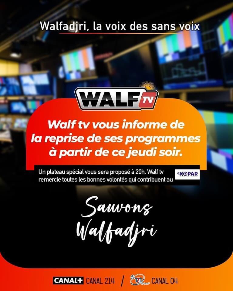 ‼️ WalfTv vous informe de la reprise de ses programmes à partir de ce jeudi soir.  Un plateau spécial vous sera proposé à 20h. Walf tv remercie toutes les bonnes volontés qui contribuent au Kopar Express 'Sauvons walfadjri'. 
Walfadjri, la voix des sans voix👏🏿🇸🇳❤️