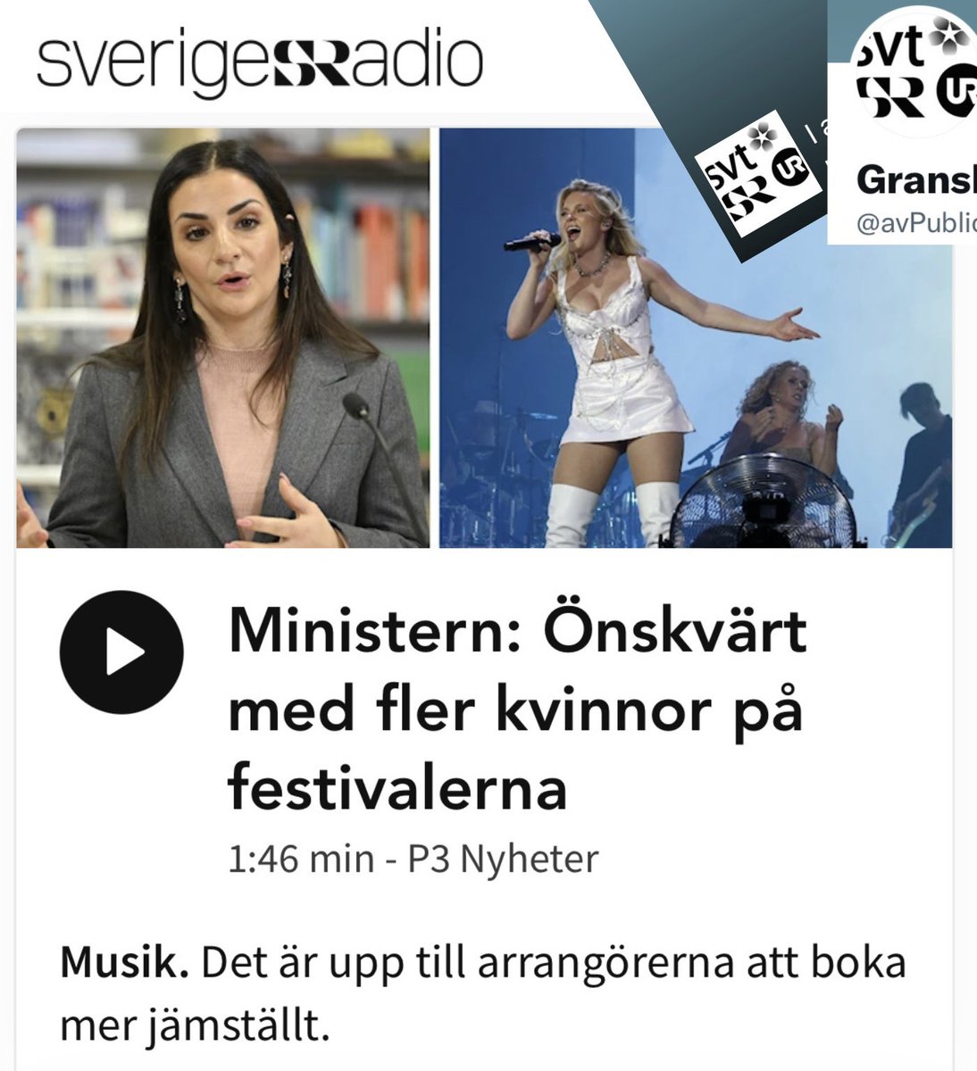 Opartiska @SverigesRadio fortsätter sin kampanj för könskvotering inom musikbranschen ➔ försöker sätta press på kulturministern ”Kulturminister Parisa Liljestrand (M) tycker det vore bra med en jämnare könsfördelning, men att de inte är upp till politiken.” @SverigesRadio…