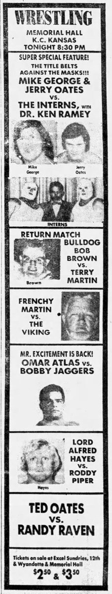 11/29/74 St Joseph MO and 12/5/74 Kansas City KS are the only two documented singles matches between Lord Alfred Hayes and a young Roddy Piper Hayes won both bouts