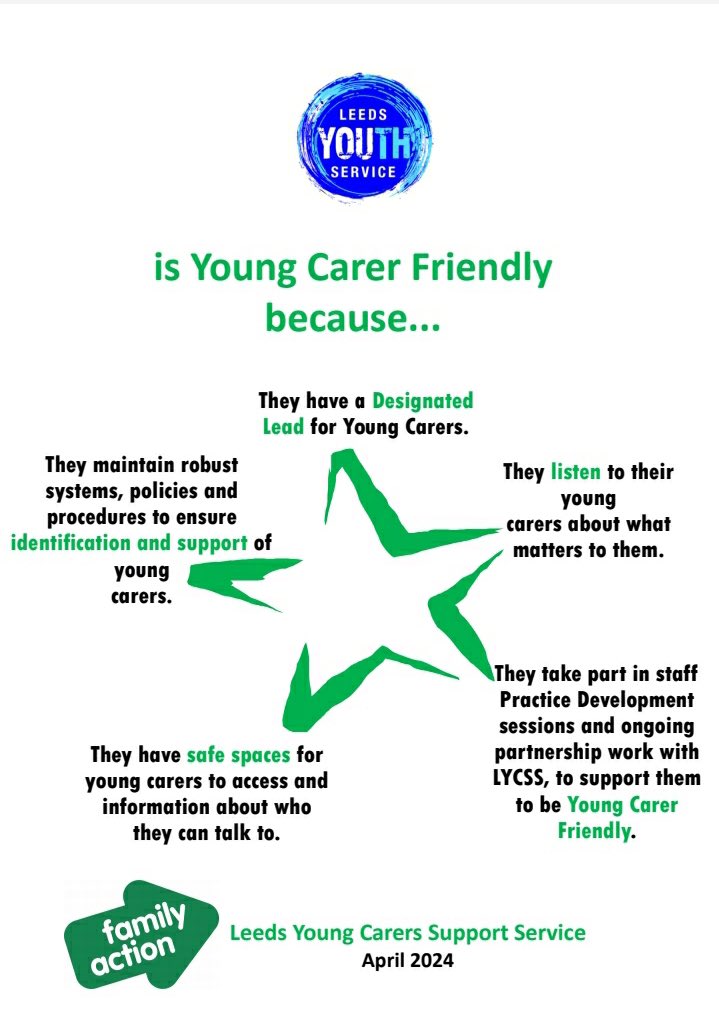 #LeedsYouthService are official recognised as a #Leeds #YoungCarer friendly service It’s been great to work alongside the team @ Leeds Young Carer Support Service @family_action to review & develop our practice, policy & procedure to ensure we deliver the best service possible