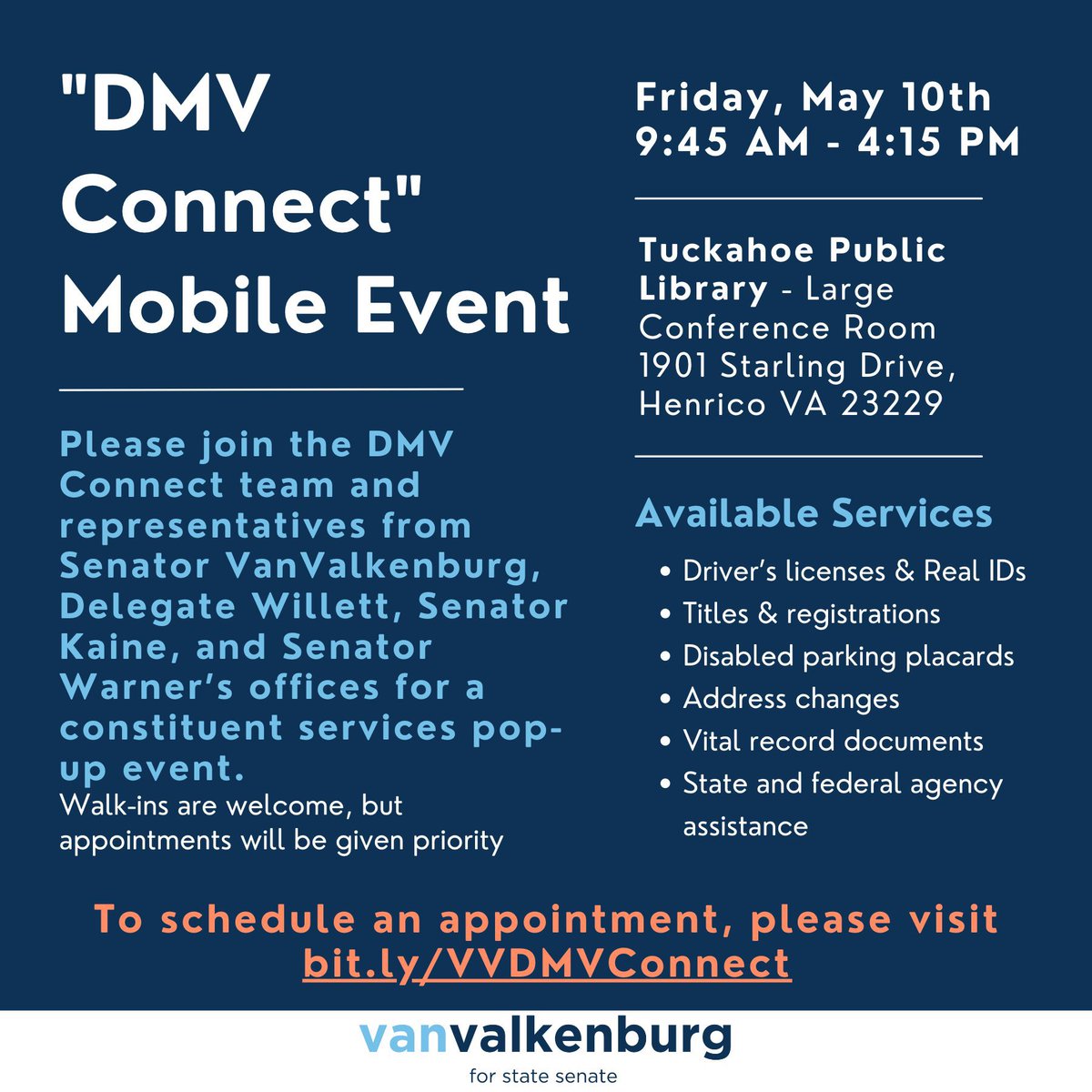 Join us this Friday, May 10th for a “DMV Connect” mobile event at the Tuckahoe Library. Representatives will be on hand from my office, @ScVanValkenburg, @SenTimKaine, and @MarkWarner’s offices to help constituents access services with DMV and other state and federal agencies.