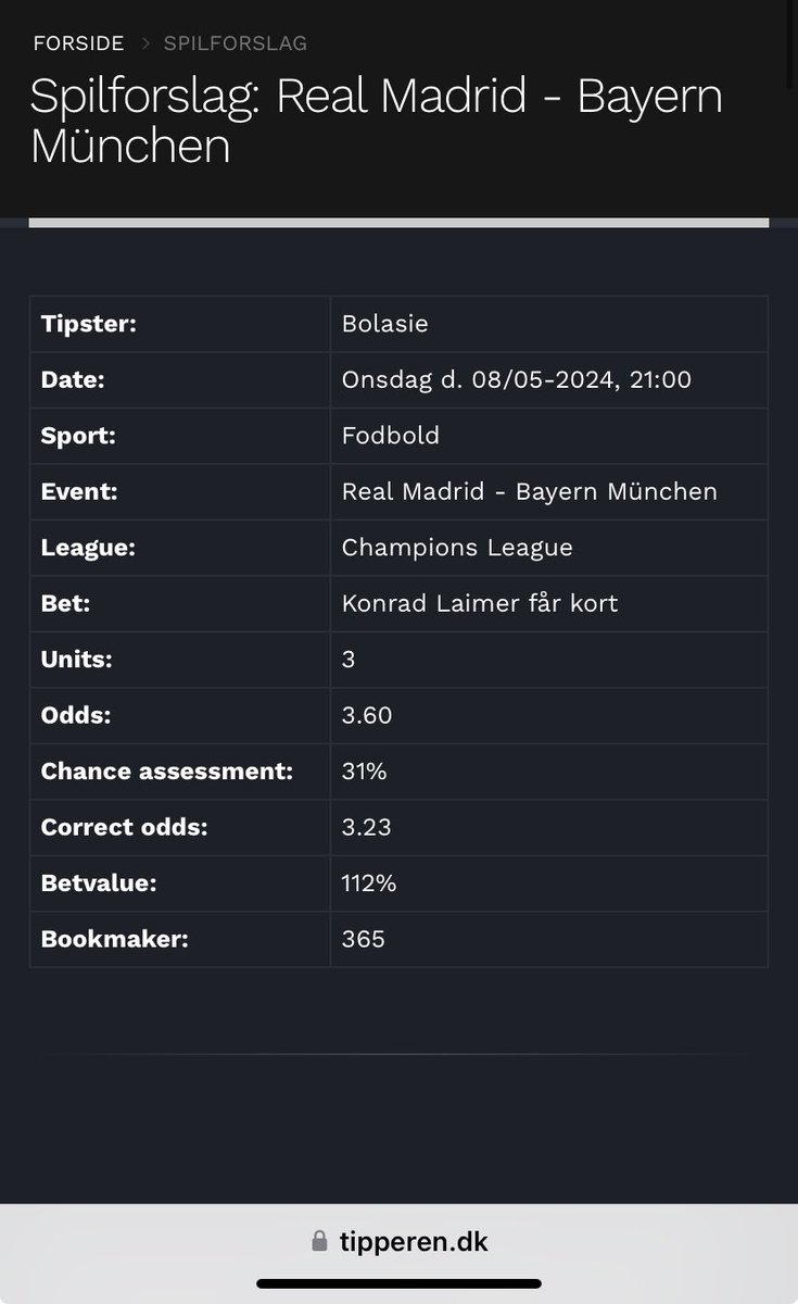 Gratis kortspil ude på @tipperenDK 

🏆Real Madrid - Bayern M
🧀Konrad Laimer får kort 
⚽️Odds 3.60 Bet365
💰3 units
⏰Onsdag 8/5 kl.21 

tipperen.dk/spilforslag/16…