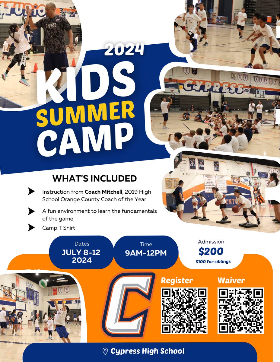 THE Cypress Kids camp is BACK!!!!! 🗓️ July 8-12 ⏰ 9:00 am - 12:00 pm 📍Cypress High School Ages: K-8th grade #CypHype