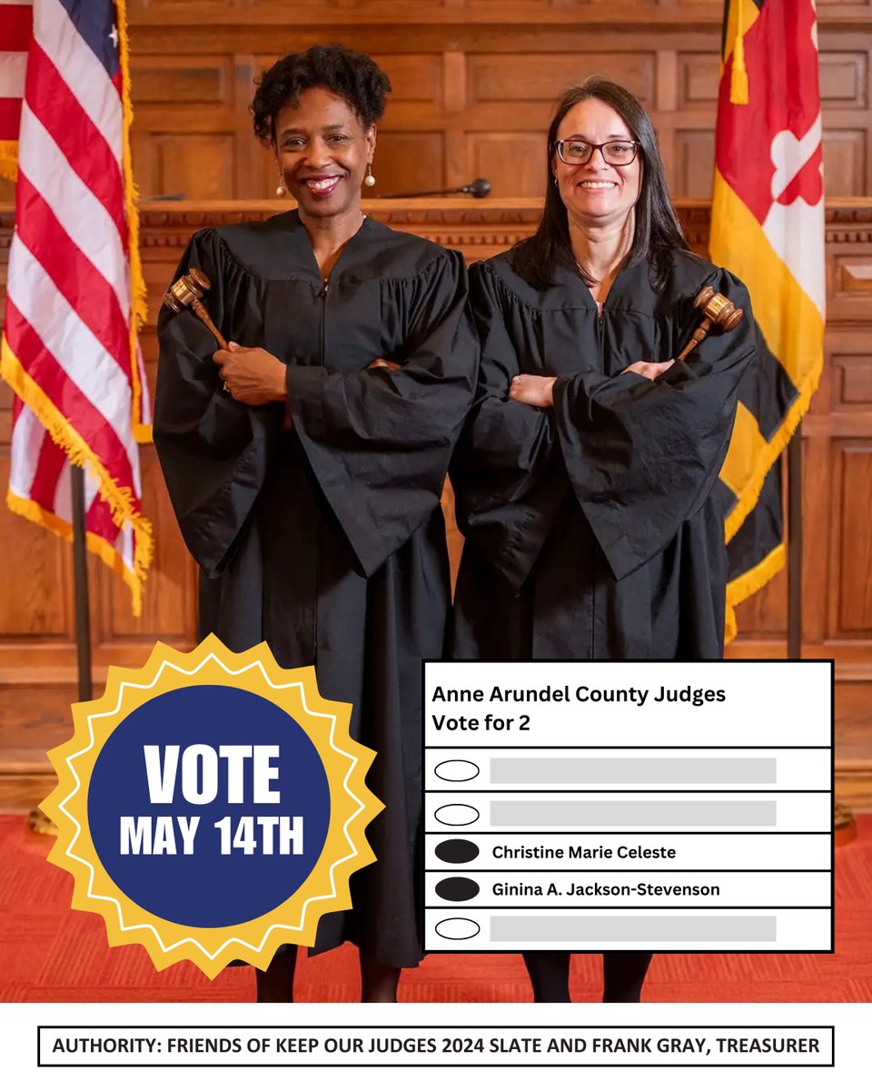 Thanks for attending our fundraiser for Judge Celeste and Judge Jackson-Steveson! Many thanks to co-hosts <a href="/JoyceSmithey/">Smithey Law Group LLC</a> and Kagan Stern, and shoutout to <a href="/vapebird/">Vape Bird</a> for a great selection of drinks. Be sure to support your Circuit Court for AA County sitting judges on May 14! #vote